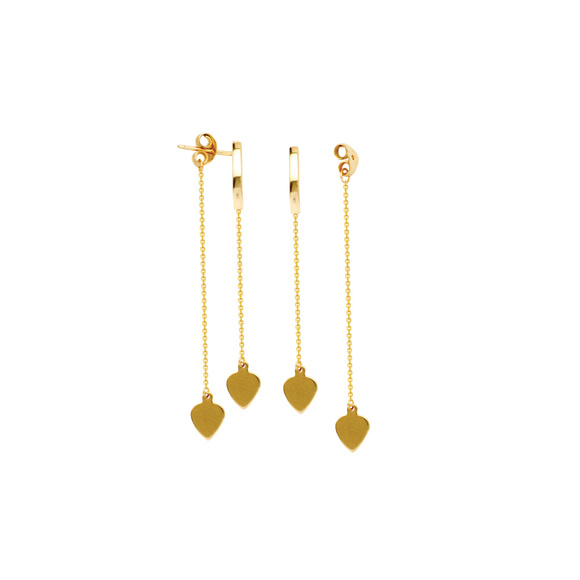 14K Solid Gold Curved Bar Drop Hearts Earrings